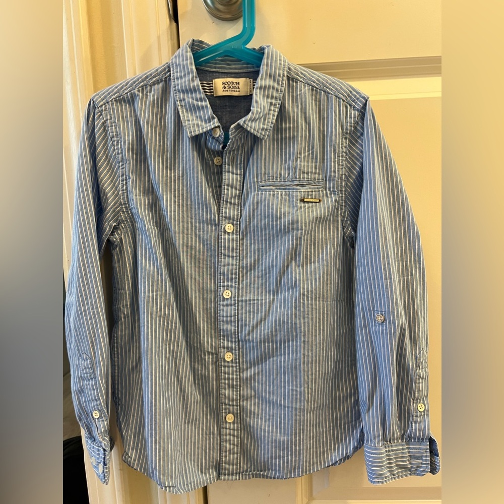 Scotch & Soda Boys Shirt Button Up Blue Pinstripe Collared Cotton Size 8